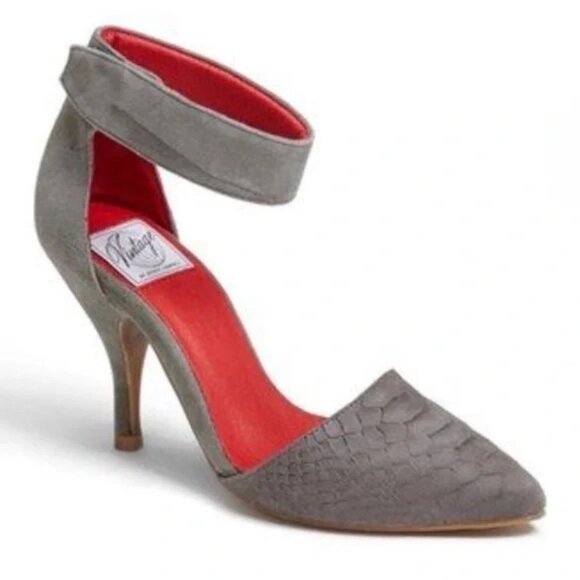 VINTAGE by JEFFREY CAMPBELL Bridges Burgundy Suede Python Ankle Strap Pump 7.5 - Picture 2 of 7